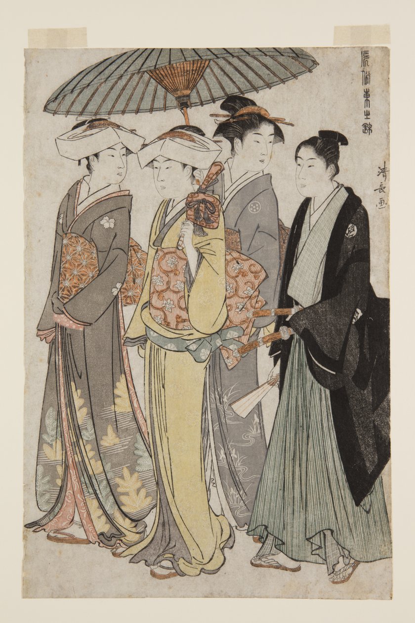 一个旗人的两个女儿，一个侍女和一个年轻人（彩色木版画） 作者 永永鸟居