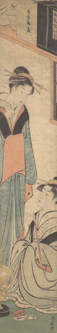 两个女孩在Hibachi火盆旁交谈，约1785年。 作者 永永鸟居