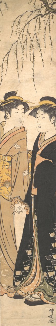 两个高大的年轻女子手拉手散步，约1785年。 作者 永永鸟居