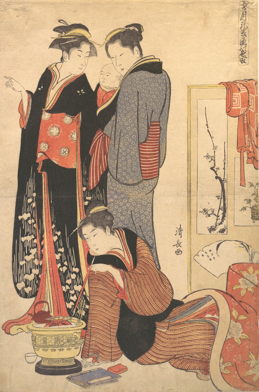 两个女人站着，抱着一个孩子，约1785年。 作者 永永鸟居