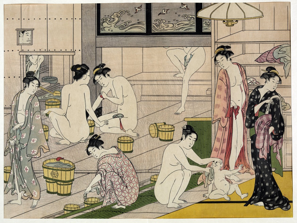 公共浴池里的女人。 Torii Kiyonaga (1752-1815) 的日本版画，大约 1785 年。 Torii School（浮世绘或浮世绘）。 作者 永永鸟居