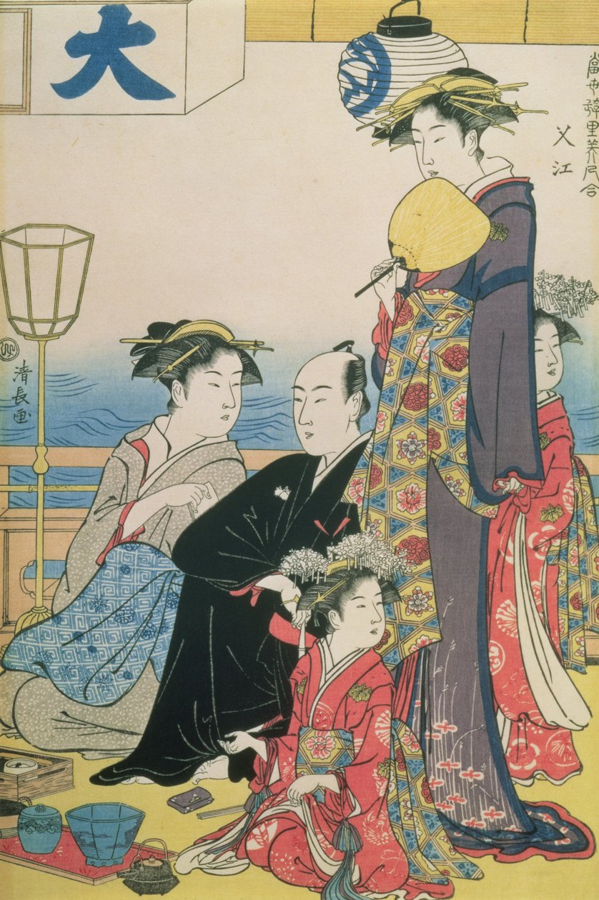 同性恋区的妇女，双联画的右侧面板（彩色木版画）（另见114571）。 作者 永永鸟居