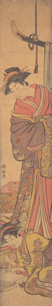 年轻女子从另一个正在写信的人的肩膀上看过去。 作者 永永鸟居