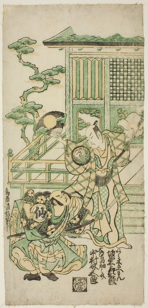 1746 年 10 月在市村剧场演出的话剧《千乡泽仓二叶集》中饰演荒木庄左卫门的万户彦三郎（Bando Hikosaburo I）和饰演大同寺多半之助的中村助五郎（Nakamura Sukegoro I）。 作者 鸟井清信二世