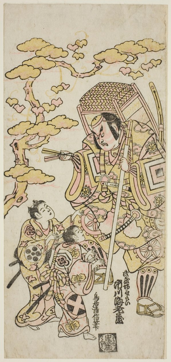 1744 年正月在中村剧场上演的话剧《曾我末广源氏》中饰演武藏坊本庆的演员市川惠比藏二世、饰演曾我五郎的坂田信太郎和饰演曾我十郎的泷川欣也（？ 作者 鸟井清信二世