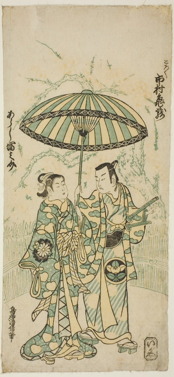 1748 年 11 月在市村剧场演出的话剧《北藏云泽八幡》中饰演关东甲禄的演员市村龟三一世和饰演林崎的岚富之助一世 作者 鸟井清信二世