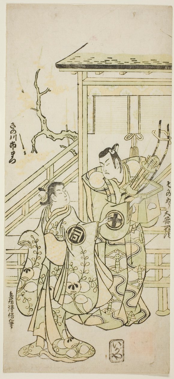 1746 年正月在中村剧场上演的话剧《富士之雪三杉曾贺》中饰演曾贺五郎的演员大谷鬼次一世和饰演吉中之妹的佐野川市松一世 作者 鸟井清信二世