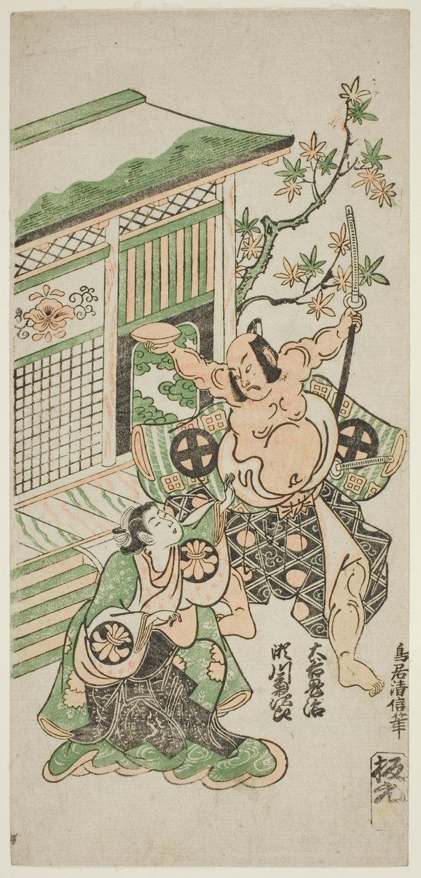 1747 年 11 月在市村剧院上演的话剧 "Shusse Momijigari "中饰演信仓妻子 Karumo 的濑川菊次郎一世和饰演田原松太郎的大谷鬼次一世。 作者 鸟井清信二世