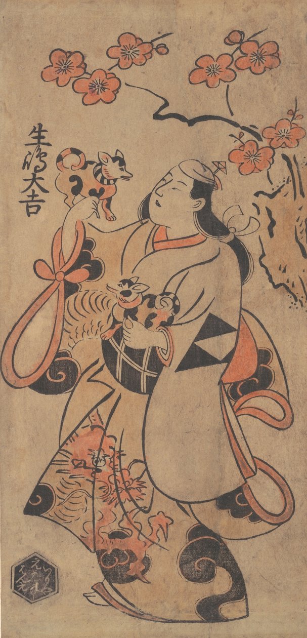 演员池岛大吉扮演站在梅花树下的女人，约1705年。 作者 鸟居清信一世
