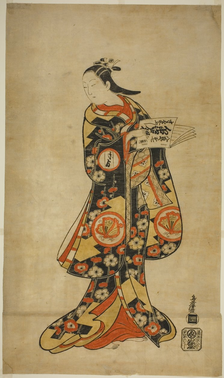 1718 年正月在市村剧场上演的话剧《七草福木曾我》中饰演大七的演员三条兼太郎二世 作者 鸟居清信一世