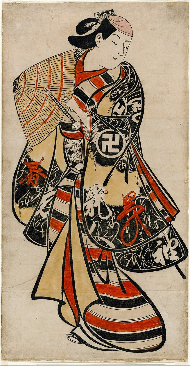 约 1707 年，饰演娘娘腔青年的演员泷井半之助（手绘木版画；箪笥，竖式おおばん） 作者 鸟居清信一世