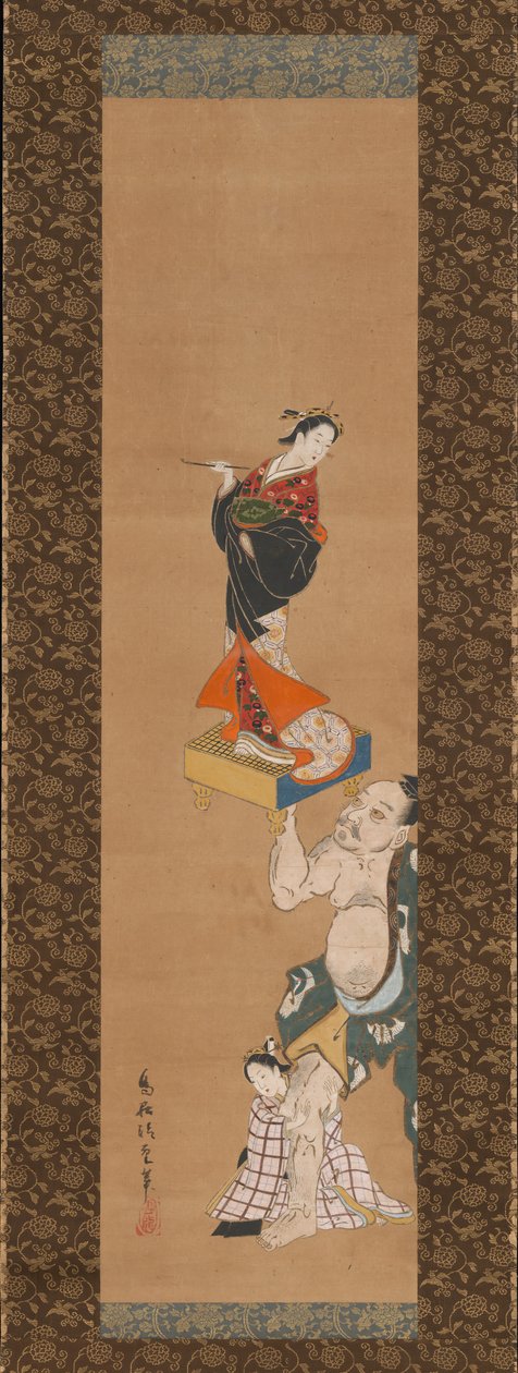 18世纪中叶，武士朝比奈-吉秀在棋盘上举起一个宫女的木偶。 作者 鸟居清重
