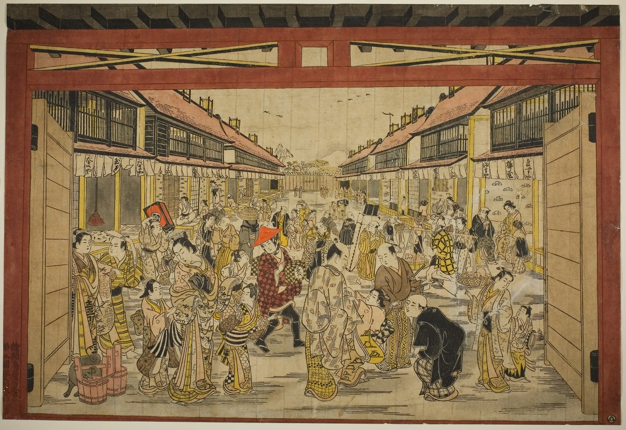 新吉原正门，约 1745 年（手绘木版画；toku-oban yoko-e，beni-e）。 作者 鸟居清忠