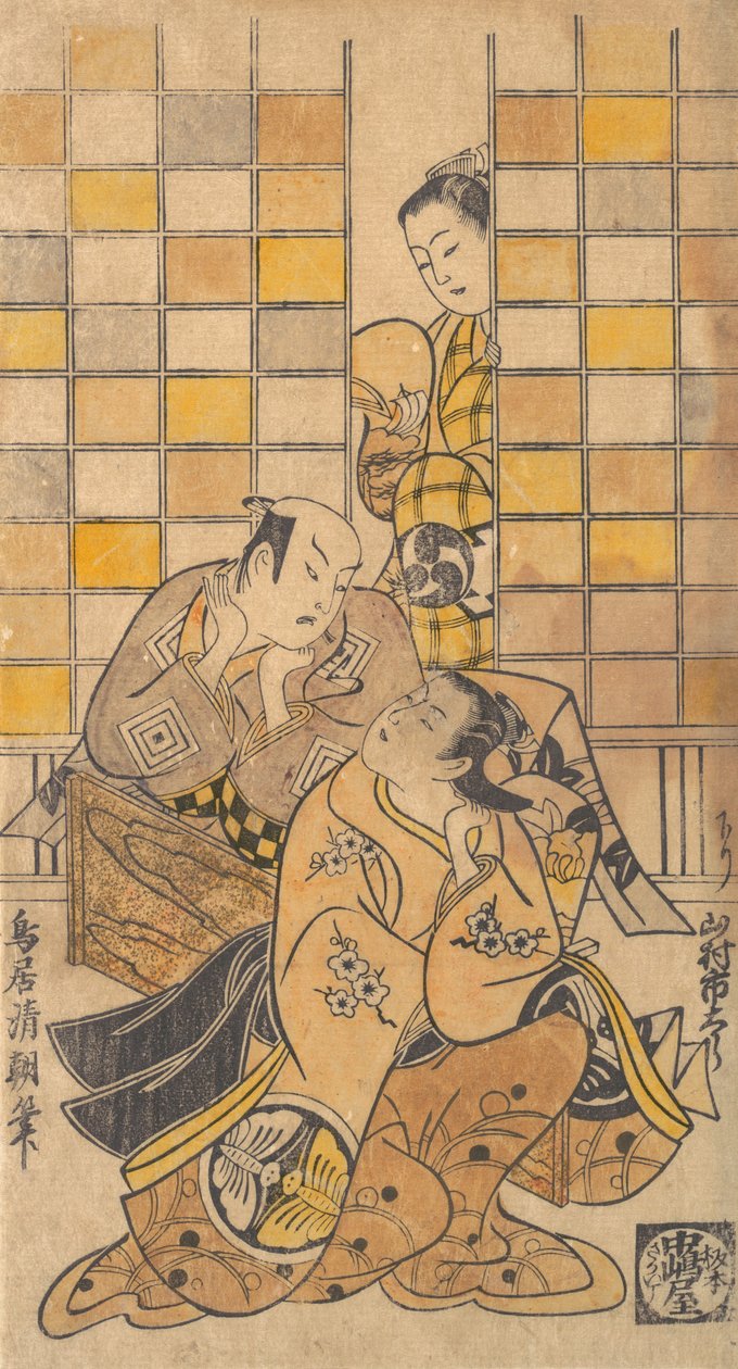 Ichikawa Danjuro II 饰演Kanto Koroku和Yamamura Ichitaro饰演Oichi，约。1721. 作者 鸟居清友