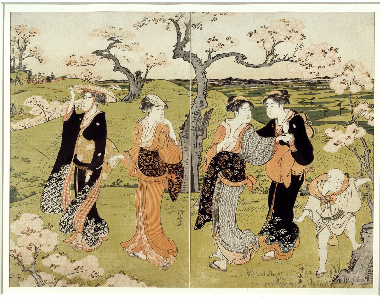 阿佐高山樱花下的野餐。鸟居清永（1752-1815 年）的日本版画，浮世绘风格 作者 鸟居久永