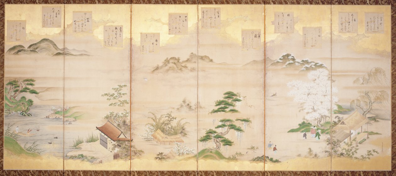 六扇屏风，画有十二个月的花鸟（纸面墨水、彩色和金箔） 作者 土佐三成