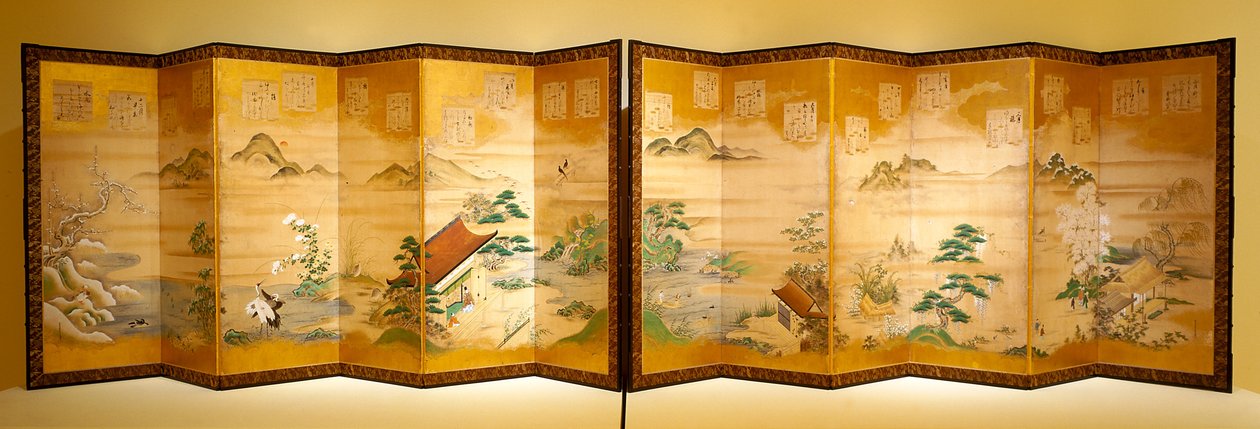缇卡的《十二个月的诗》（水墨、彩色、金箔，纸本，六折屏风） 作者 土佐三成