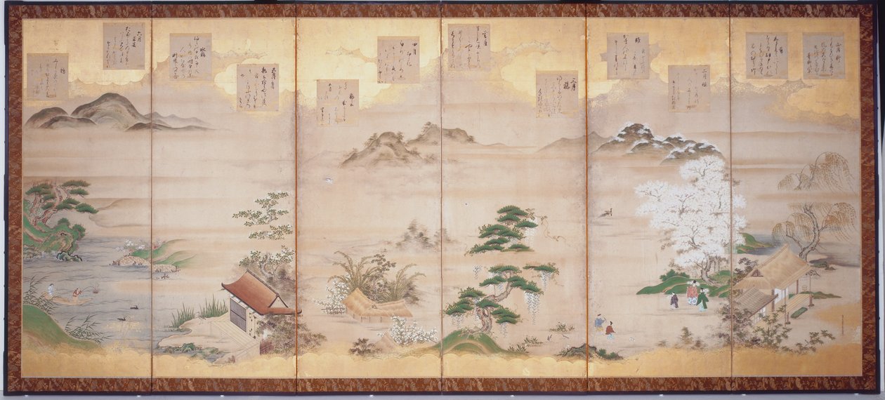 缇卡的《十二个月的诗》（水墨、彩色、金箔，纸本，六折屏风） 作者 土佐三成
