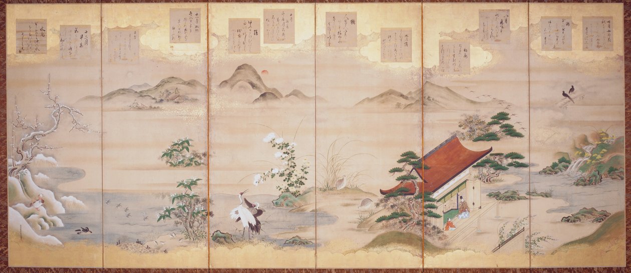 缇卡的《十二个月的诗》（水墨、彩色、金箔，纸本，六折屏风） 作者 土佐三成