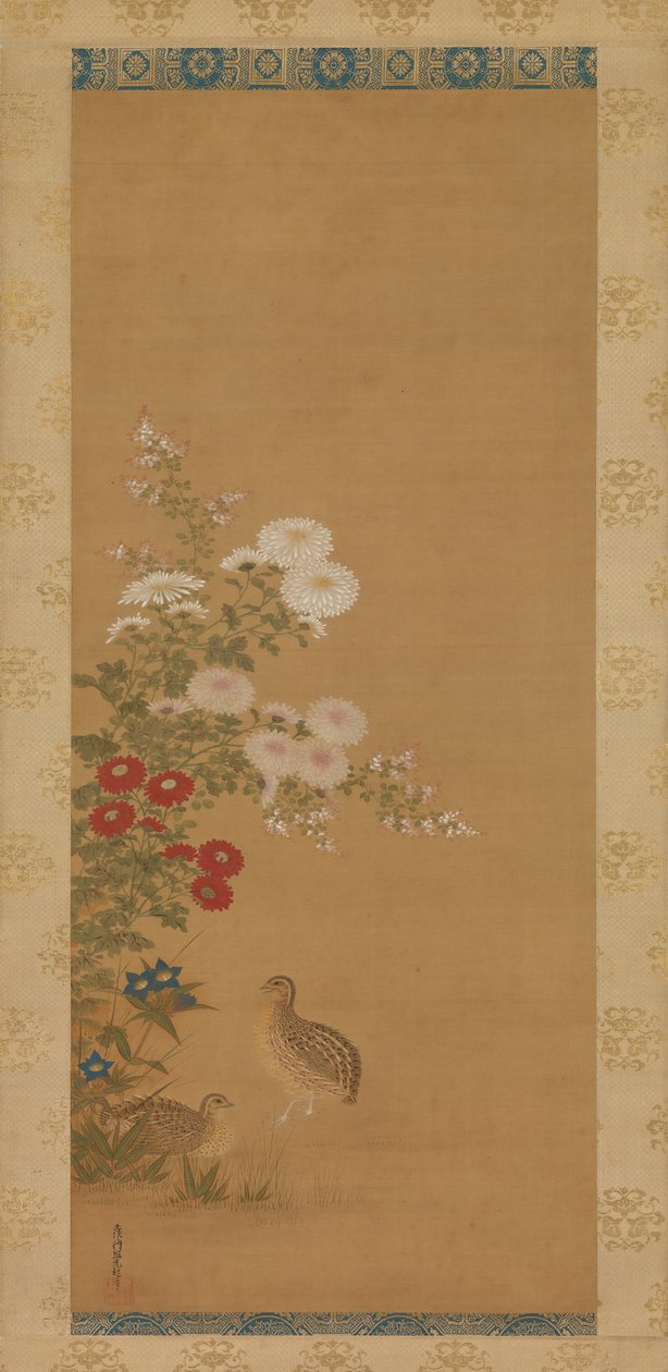 鹌鹑和秋花，17世纪末。 作者 土佐三冈