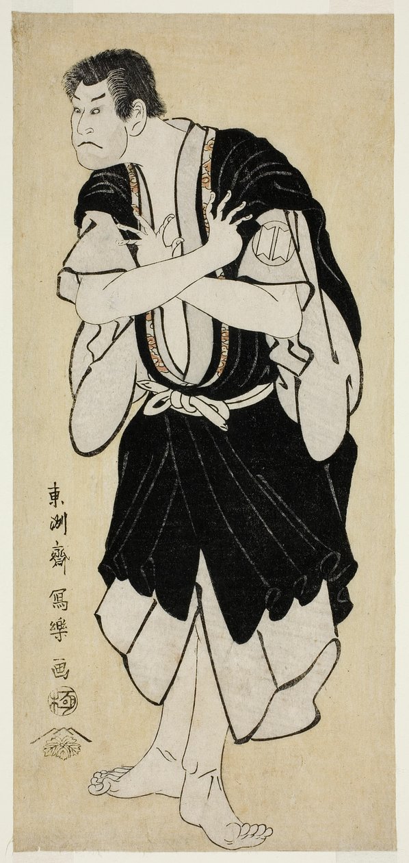 演员坂田恒五郎三世饰演小鸠观音保（Sandai-me Sakata Hangoro no Kosodate no Kannonbo）。 作者 Toshusai Sharaku