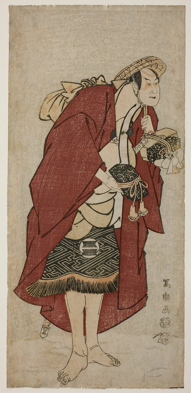 演员坂田恒五郎三世在郡山饰演新郎 "岩藏"，实际上是栗坂太郎友则（SAndai-me Sakata Hangoro no Koriyama no Umakata Abumizuri no Iwazo, jitsuwa Kurisaka Taro Tomonori）。 作者 Toshusai Sharaku