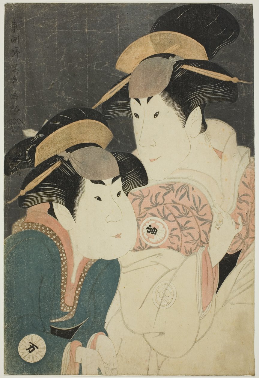 演员濑川富三郎二世（左）饰演小西仓堂的妻子亚多利吉，中村万代（左）饰演仆人若草 作者 Toshusai Sharaku