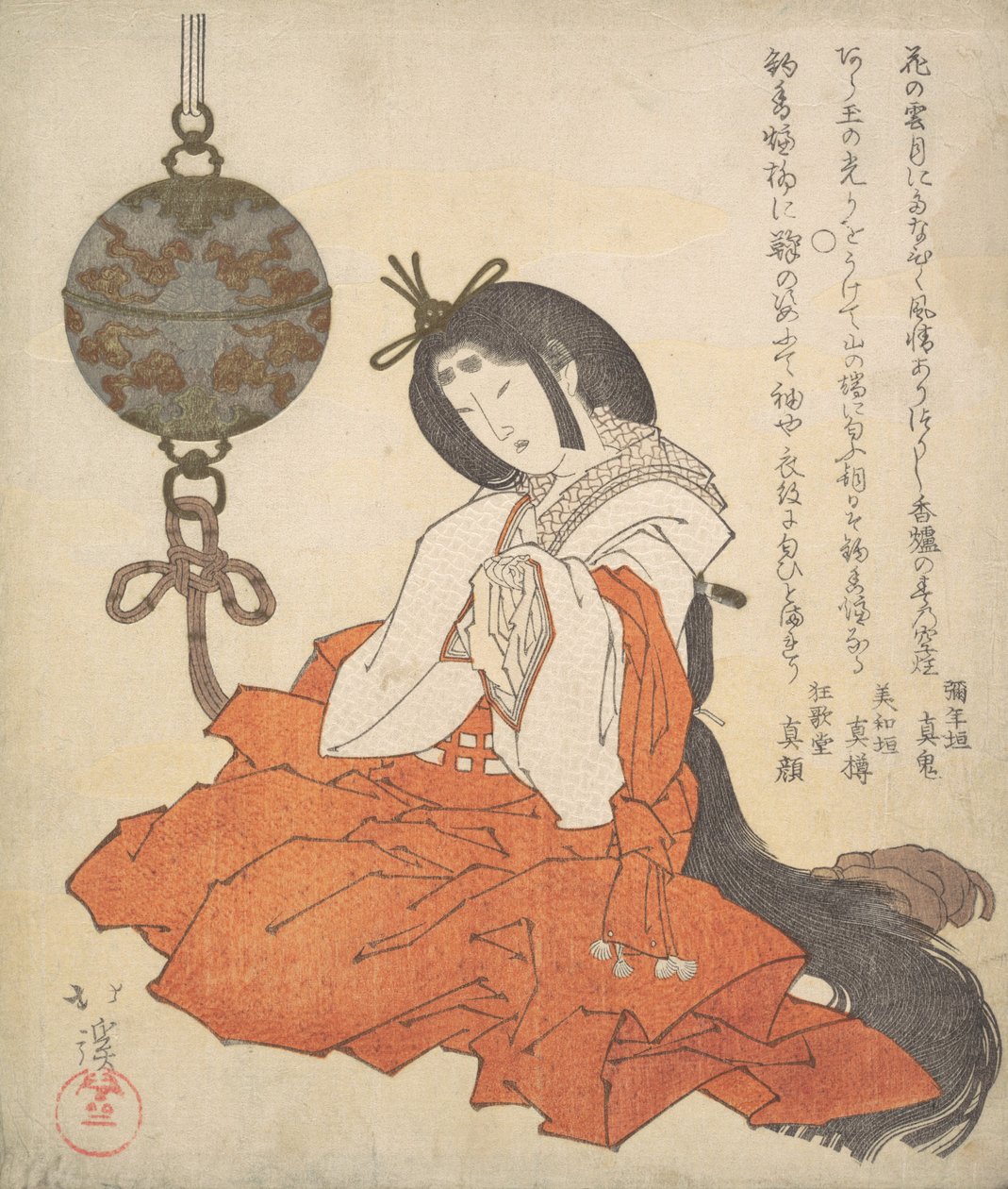 Kanjo宫廷女士坐着，头部附近挂着Tsurikoro，约1825年。 作者 东东屋北海