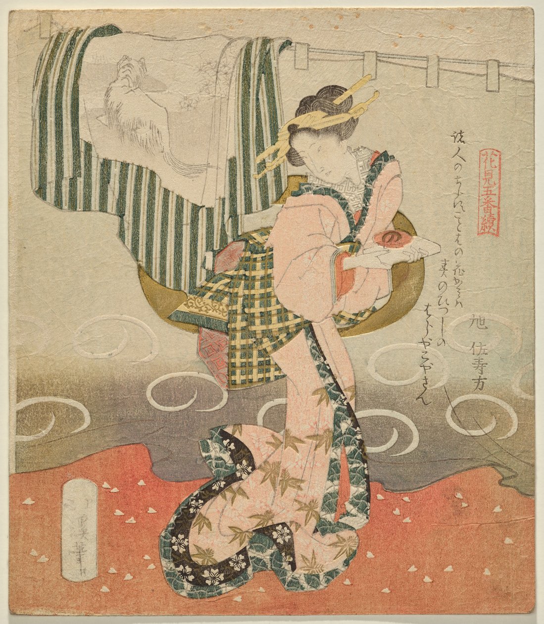 赏花五张图》中在帷幔和垂帘和服前手持酒杯的女子 作者 东东屋北海