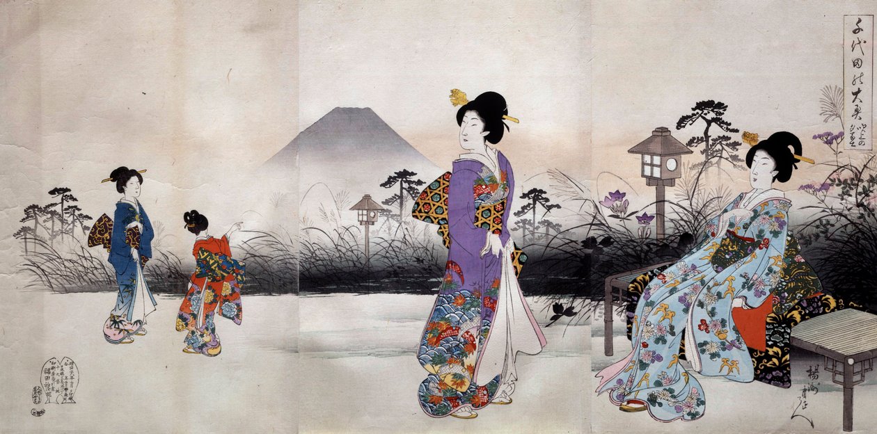 日本妇女在富士山前行走 日本印刷品，丰原智信（1838-1912） 1896年 私人收藏 作者 丰原千信