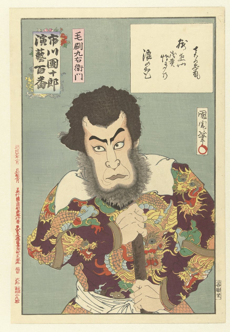 Ichikawa Danjuro IX 饰 Kezori Kyuemon
Kezori Kyuemon（物体上的标题）
市川团十郎九的百卷（系列名称）
Ichikawa Danjuro engei hyakuban（物品上的系列名称） 作者 丰原国近