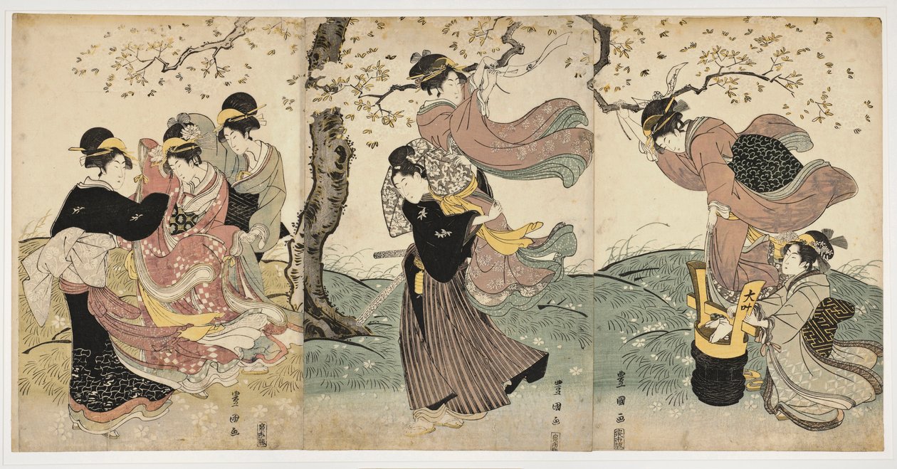 日本艺术：风中花（妇女和男子在树枝上挂幡的场景）--宇多川丰国（1769-1825 年）线刻版画（37.8x75.9），约 1797-1800 年 - 檀香山艺术学院 作者 歌川丰国