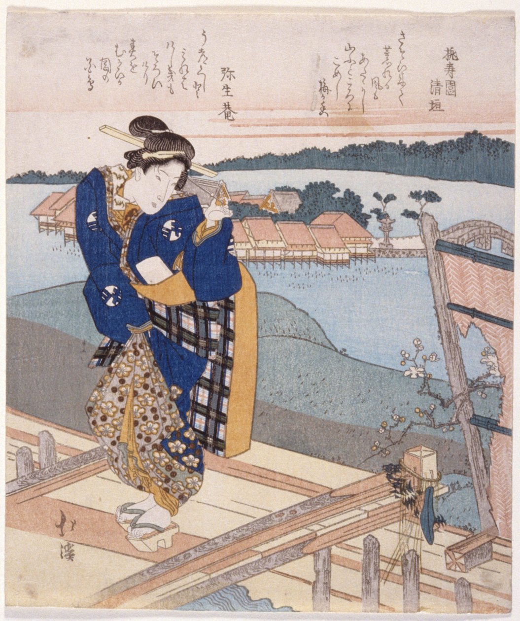 站在桥上的女人（彩色木刻版画（袈裟画） 作者 丰田福建