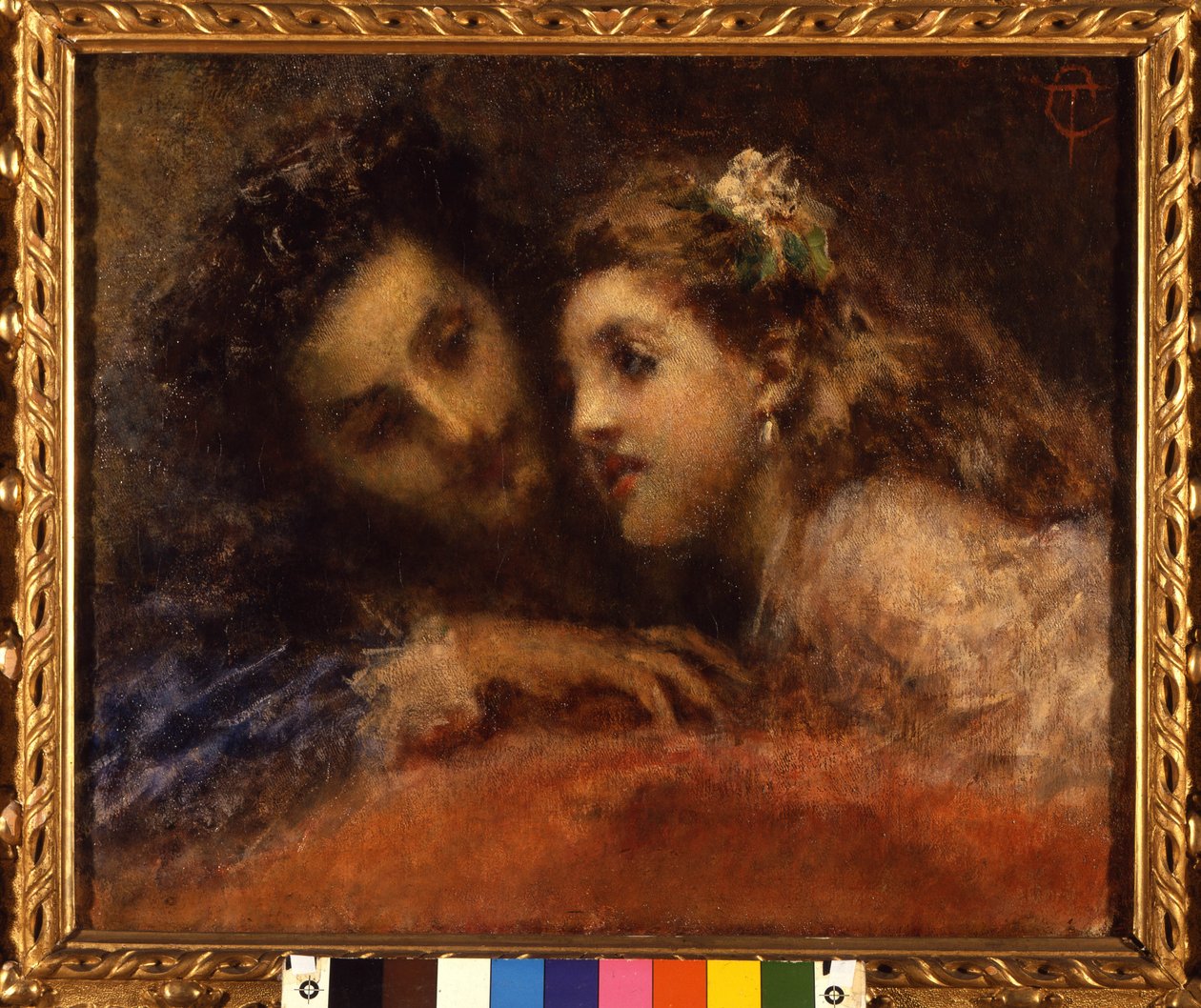 Attrazione (Attraction), a man leans towards a child in an accomplice and reassuring way. He is probably a father and his daughter (word of mouth). Painting by Tranquillo Cremona (1837-1878) Galleria d