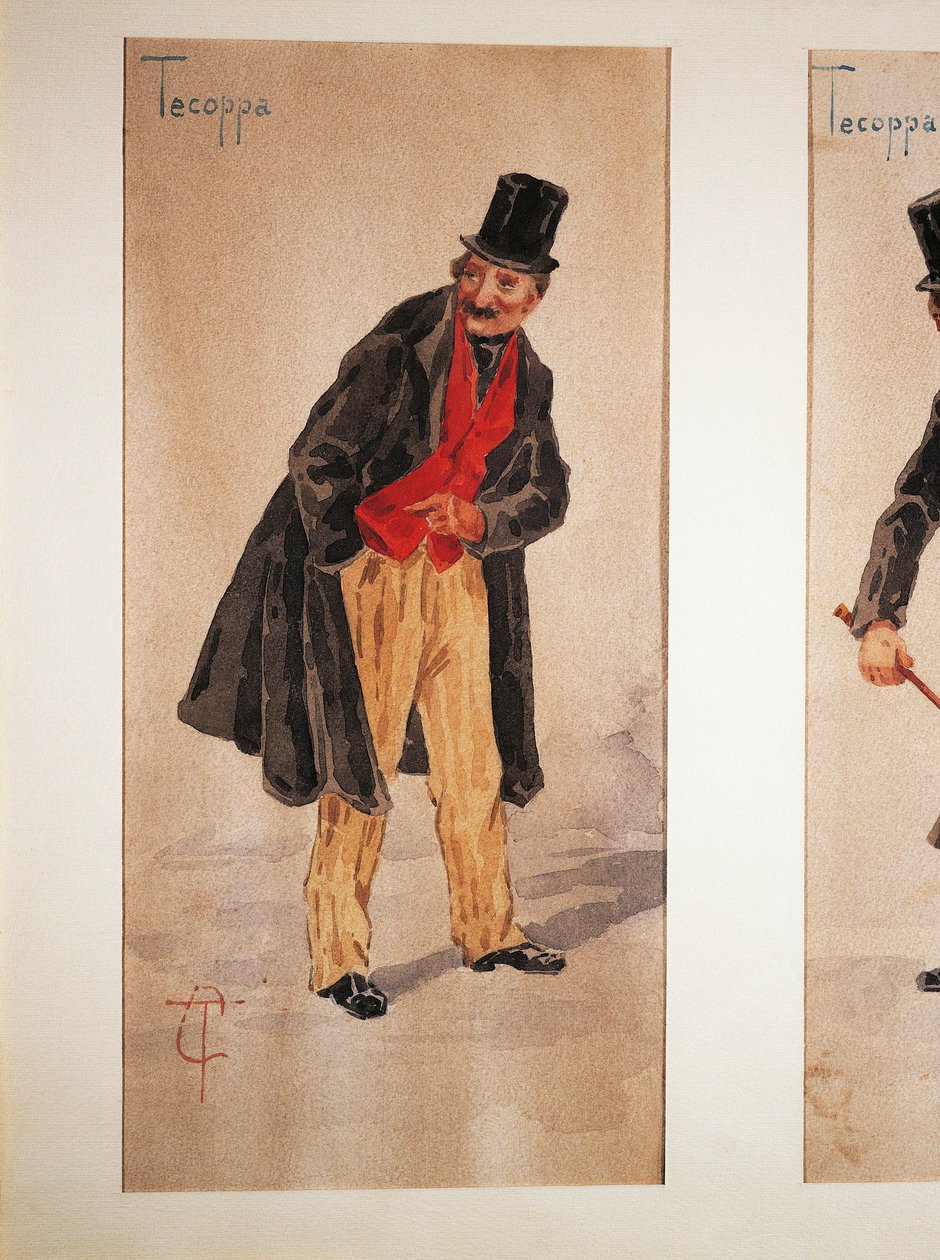 米兰演员Edoardo Ferravilla于1874年创作的Tecoppa角色，Tranquillo Cremona的水彩画。 作者 克雷莫纳镇