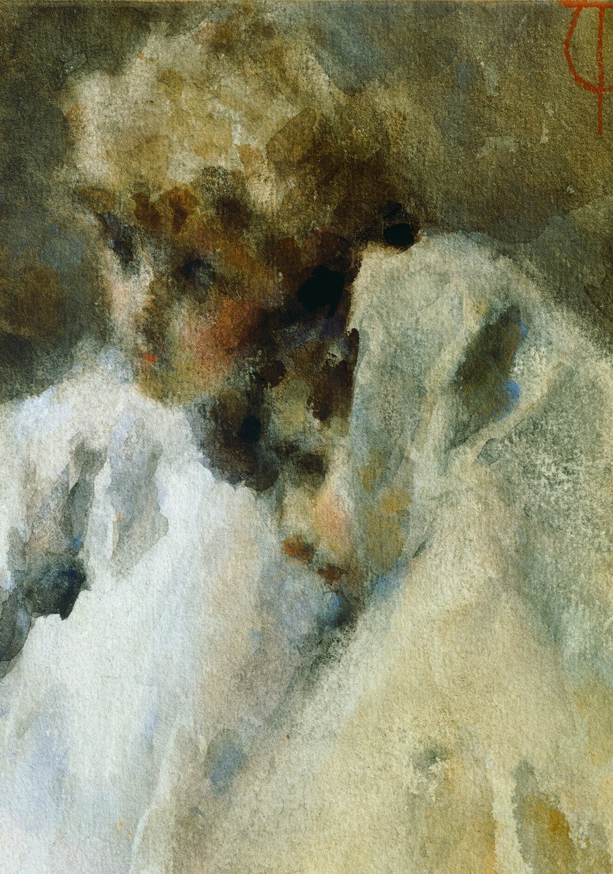 克雷莫纳（Tranquillo Cremona）的《两个头》，水彩画 作者 克雷莫纳镇