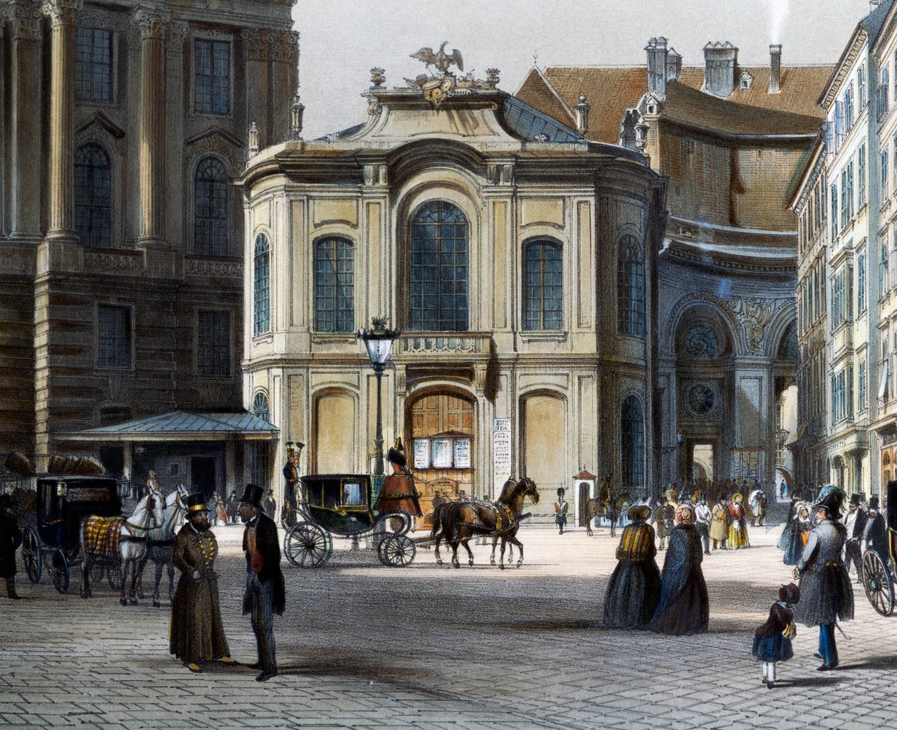 维也纳 Michaelerplatz 的城堡剧院，右侧为 Winterreitschule（冬季骑术学校），作者 Tranquillo Mollo（1767-1837 年），彩色雕刻，奥地利 作者 特兰奎洛莫洛