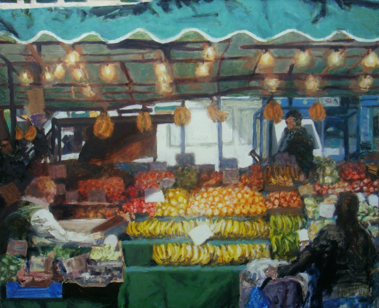 大型市场摊位（伦敦路易沙姆），2011 年（木板油画） 作者 特雷弗·伯吉斯