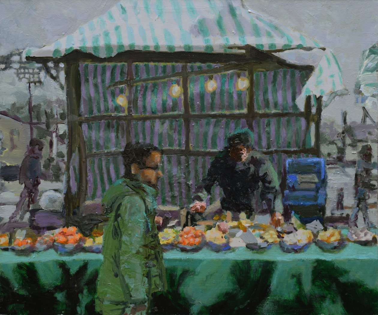 市场摊位（德普特福德），2015 年（布面油画） 作者 特雷弗·伯吉斯