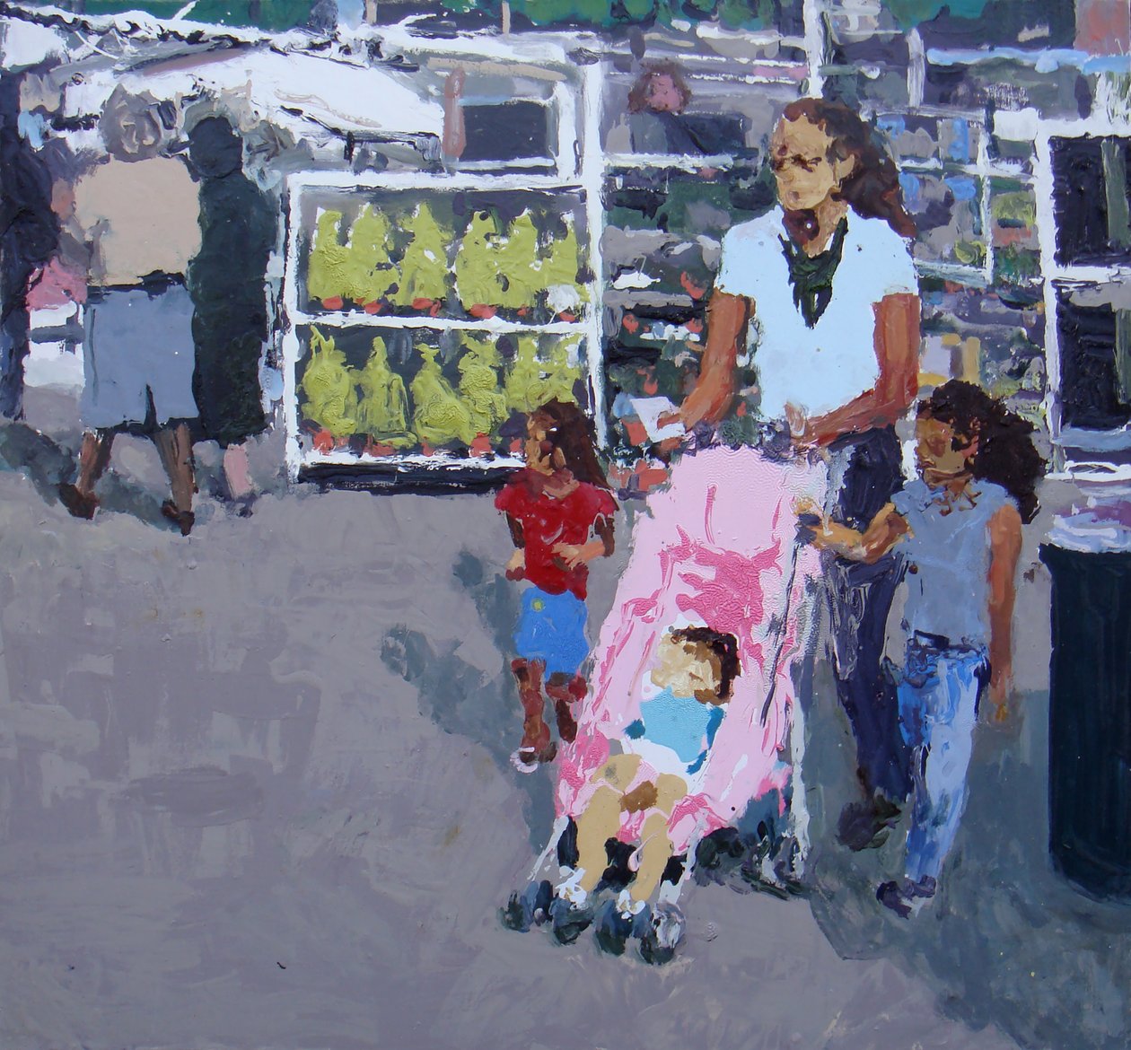 母亲和孩子购物（伦敦路易沙姆市场），2008 年（布面油画） 作者 特雷弗·伯吉斯