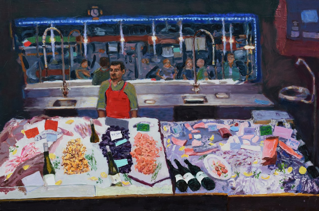 海鲜柜台（巴黎），2016（木板油画） 作者 特雷弗·伯吉斯