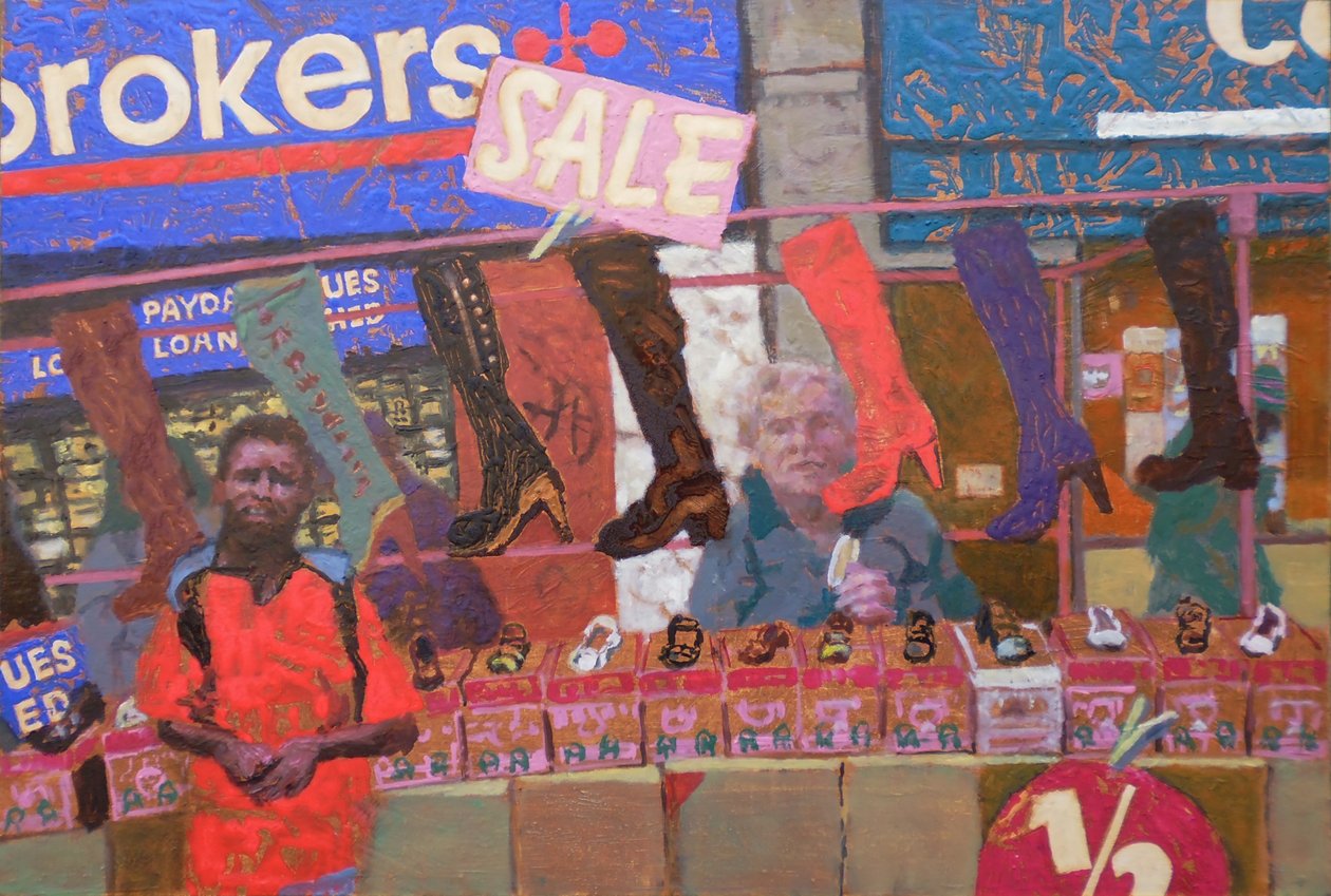 鞋摊（伦敦德普福德），2013 年（木板油画） 作者 特雷弗·伯吉斯