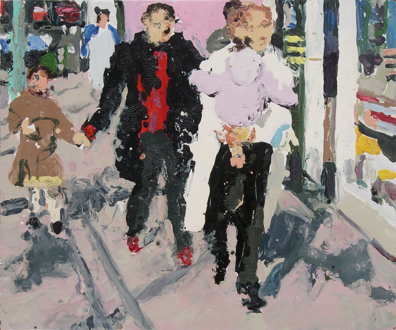 带着孩子的购物者，2003 年（木板油画） 作者 特雷弗·伯吉斯