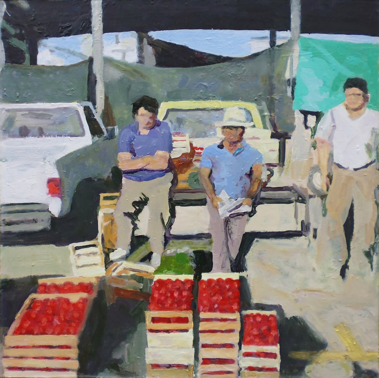 三个卖西红柿的男人（阿根廷圣胡安），2014 年（木板油画） 作者 特雷弗·伯吉斯