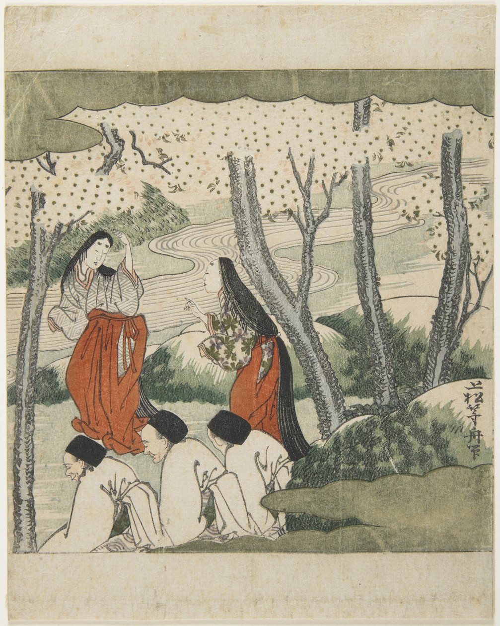 (两位宫女和三位老人） 作者 植松东修
