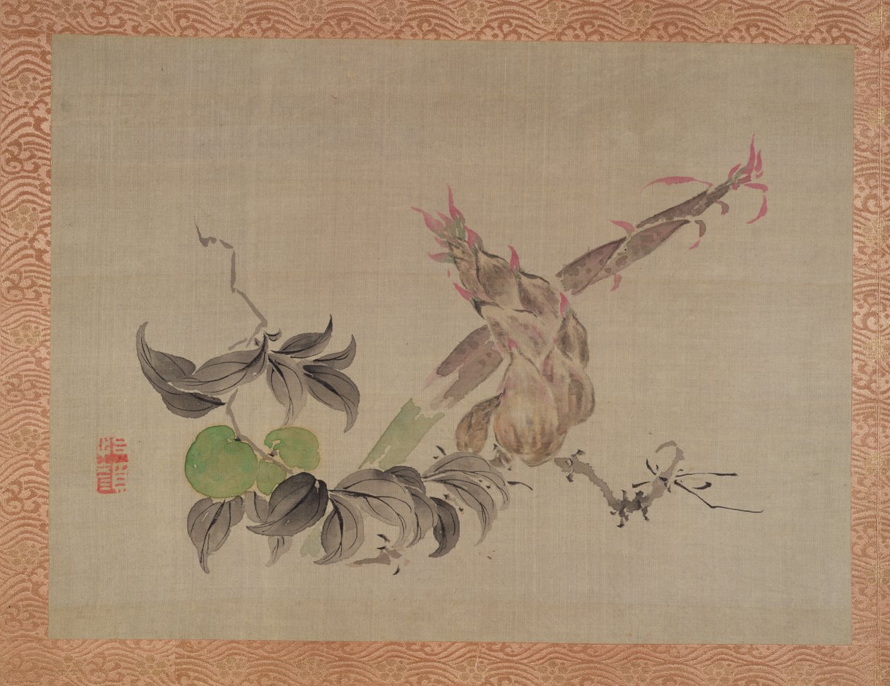 苹果和开花植物，1851年（水彩丝绸） 作者 椿金山