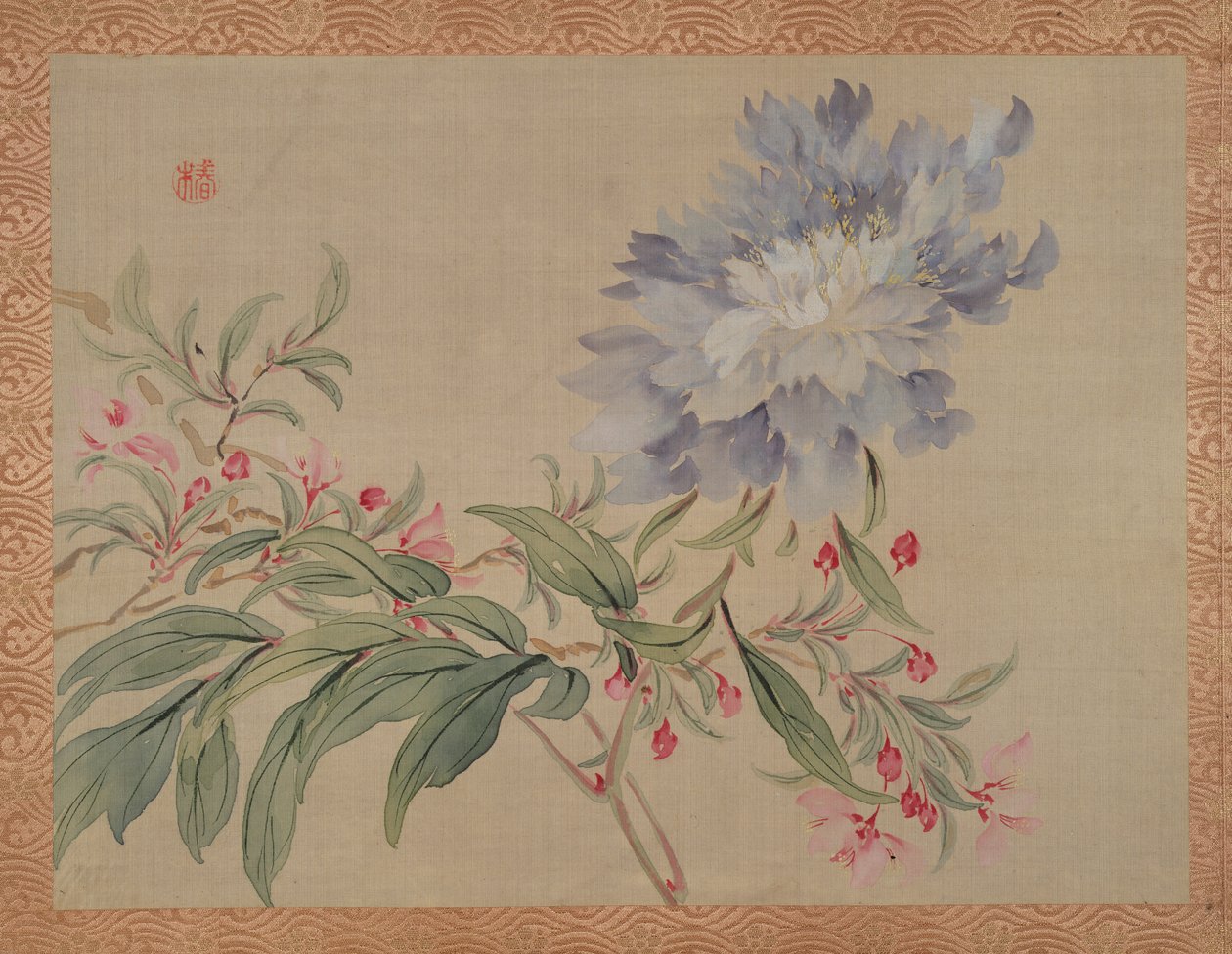 开花和一朵花，1851年（丝绸上的水彩画） 作者 椿金山
