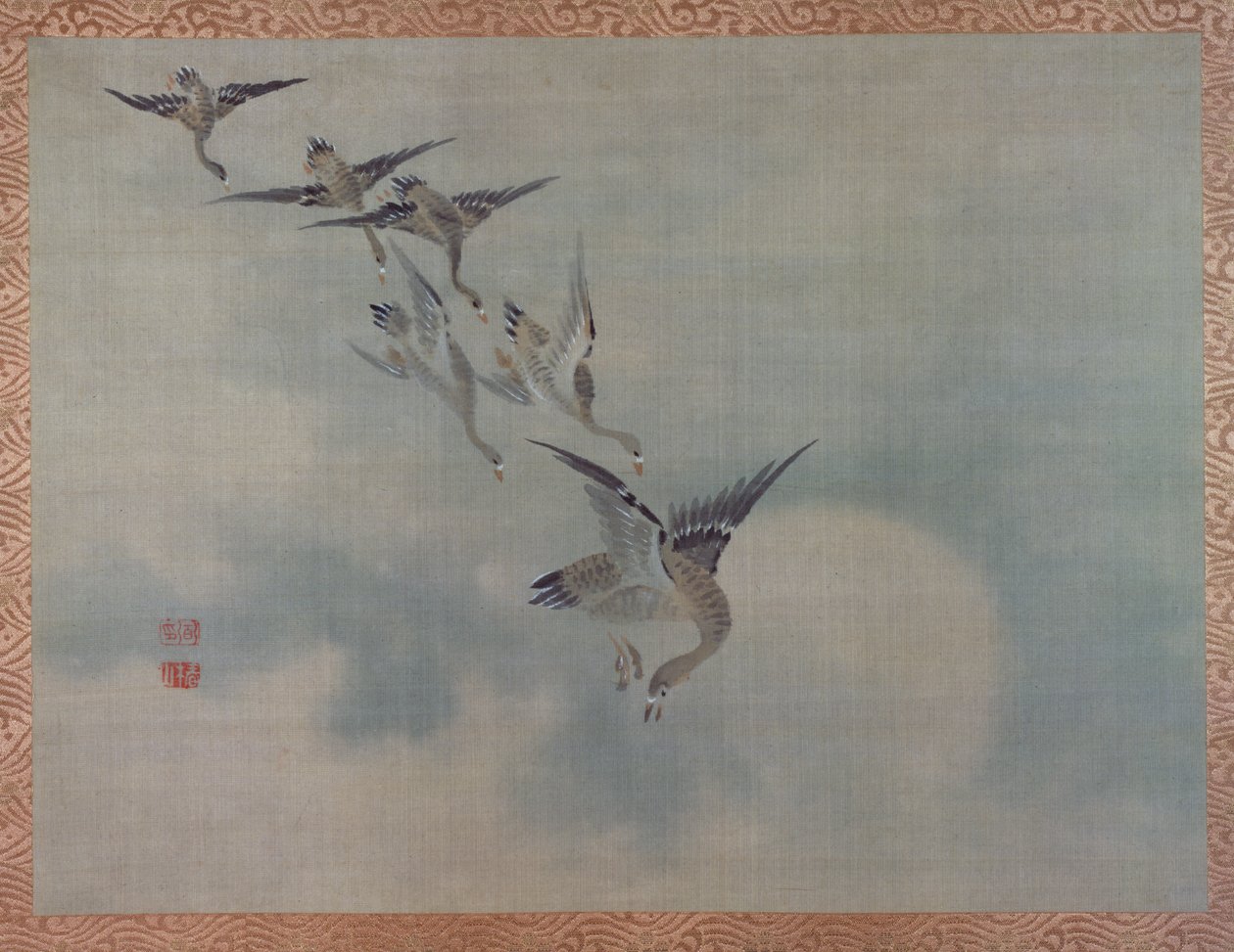 飞鸭，1851年（丝绸上的水彩画） 作者 椿金山