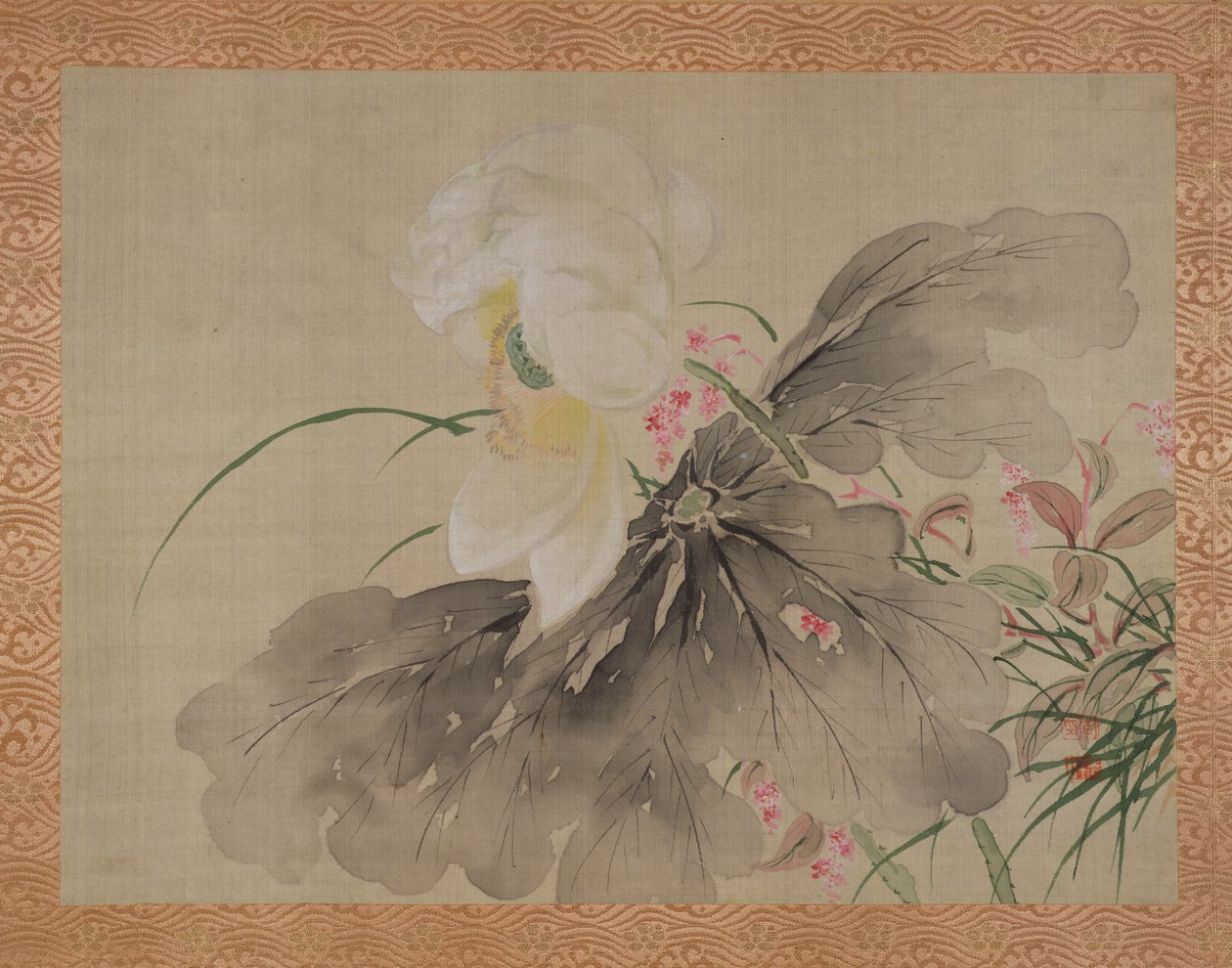 牡丹树和日本蟹苹果树开花，1851年（水彩丝绸） 作者 椿金山