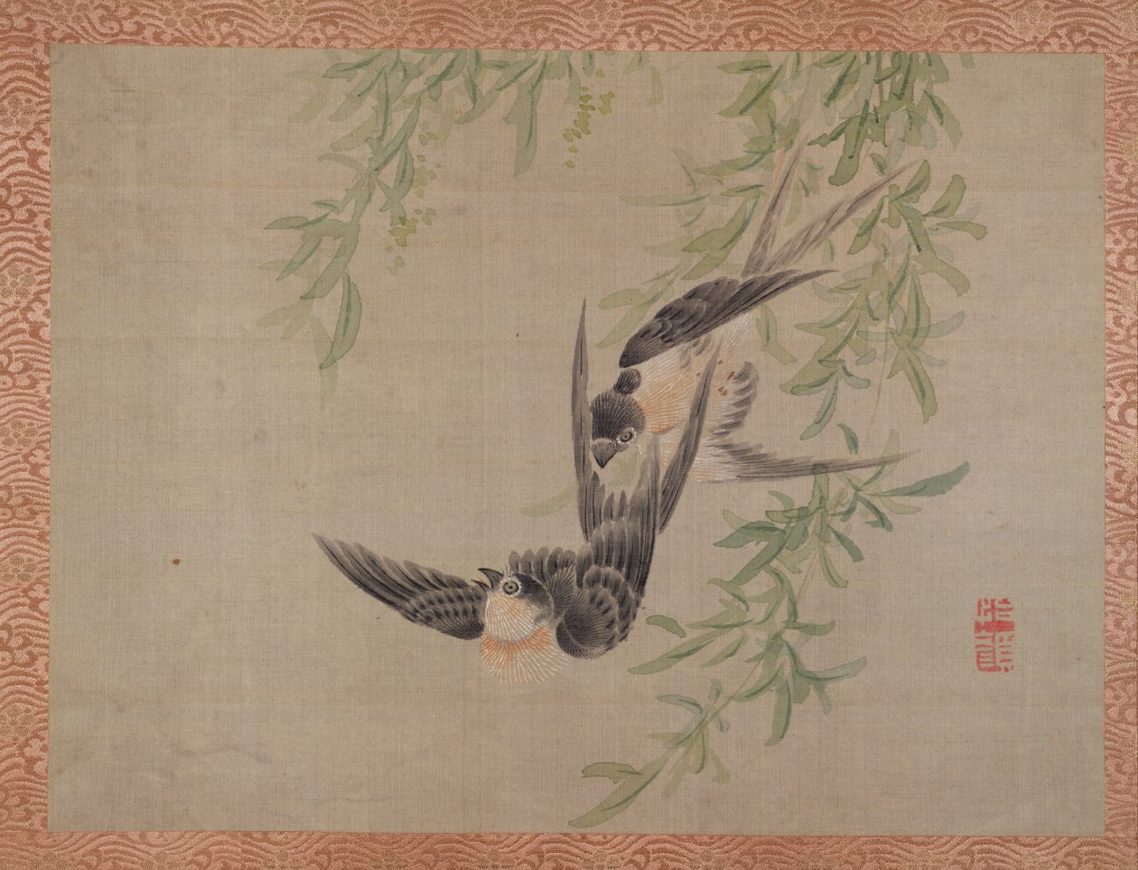 飞行中的燕子，1851年（丝绸上的水彩画） 作者 椿金山